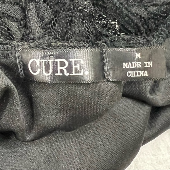 CURE Black Lace Bodycon Mini Dress Medium Scoop Back Long Sleeve Glitter Sheer - Picture 13 of 15